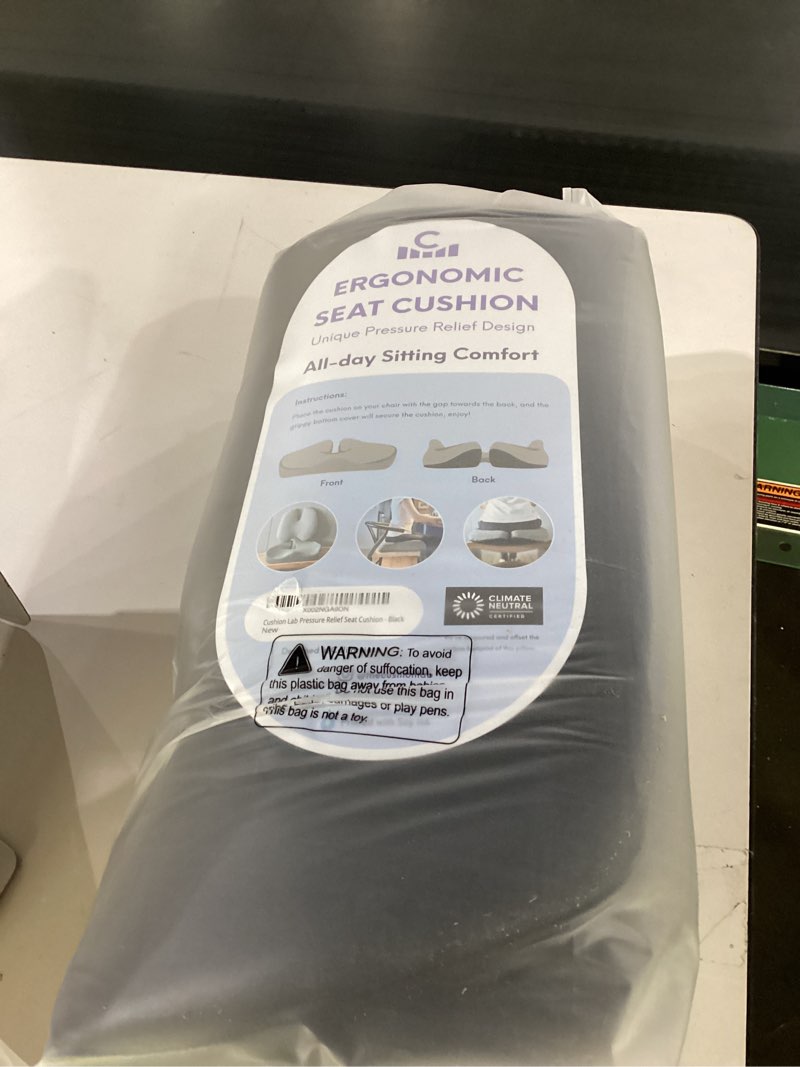 Condition photo showing New/Like New for Cushion Lab Patented Pressure Relief Seat Cushion for Long Sitting Hours on Office & Home Chair - Extra-Dense Memory Foam for Soft Support. Car Pad for Hip, Tailbone, Coccyx, Sciatica - Black