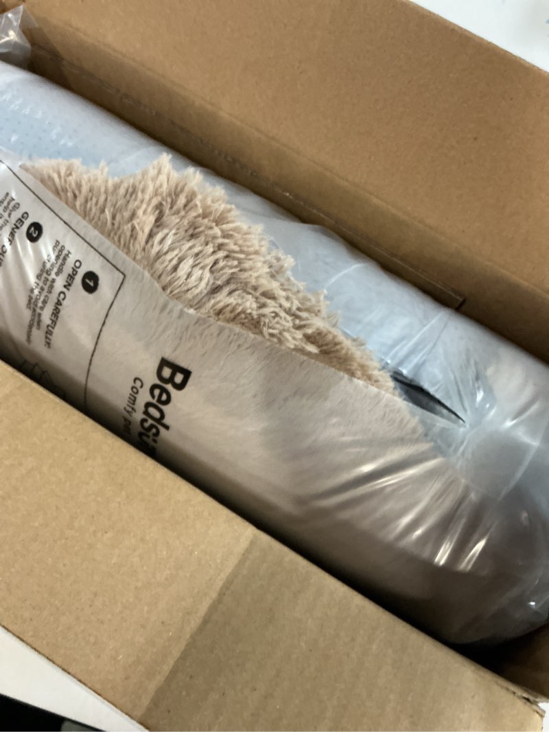 Condition photo showing New/Like New for Bedsure Calming Dog Bed for Small Dogs - Donut Washable Small Puppy Bed, 23 inches Anti-Slip Round Fluffy Plush Faux Fur Large Cat Bed, Fits up to 25 lbs Pets, Camel 23"L x 23"W x 8"Th Camel