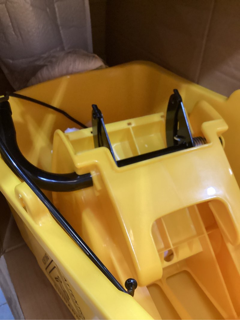 Condition photo showing Good Condition for commercial mop bucket with side press wringer on wheels, including one commercial mop, 35 quart, yellow