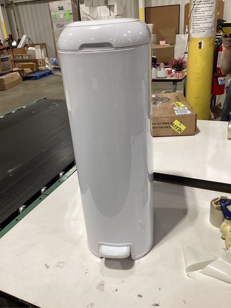 Condition photo showing Good Condition for Diaper Genie Platinum Pail (Lily White) is Made in Durable Stainless Steel and Includes 1 Easy Roll Refill with 18 Bags That can Last up to 5 Months.