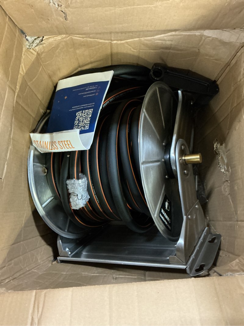 Condition photo showing Good Condition for giraffe tools stainless steel garden hose reel with 5/8" x 100 ft heavy duty hose, wall/floor mounted metal water hose reel with crank handle