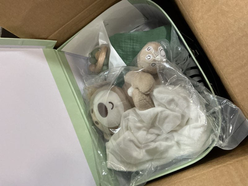 Condition photo showing New/Like New for baby gift set baby shower gifts basket for newborns new born baby sage green gift basket with baby rattle swaddle security blanket for gender neutral baby girls boys