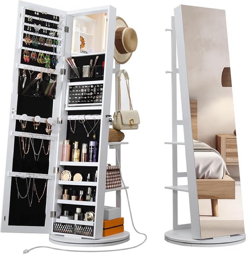 Swivel Mirrored Jewelry Cabinet with Full-Length Mirror, Charging Station, Lockable Standing Jewelry Organizer with Rear Storage Shelves, Interior Mirror, LED Lights, White