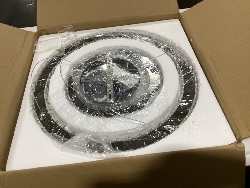 Condition photo showing New/Like New for tonglan led modern crystal chandelier 19.7 x 11.8 inches ceiling pendant light 2 rings adjustable stainless steel lighting fixtures dining room living room (white)