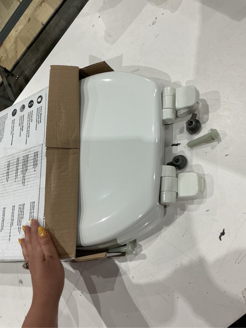 Condition photo showing As Is for kohler stonewood quiet-close, round toilet seat soft close, durable wood, easy installation, universal fit, home essentials, white finish, k-20467-0 white round double-hinge