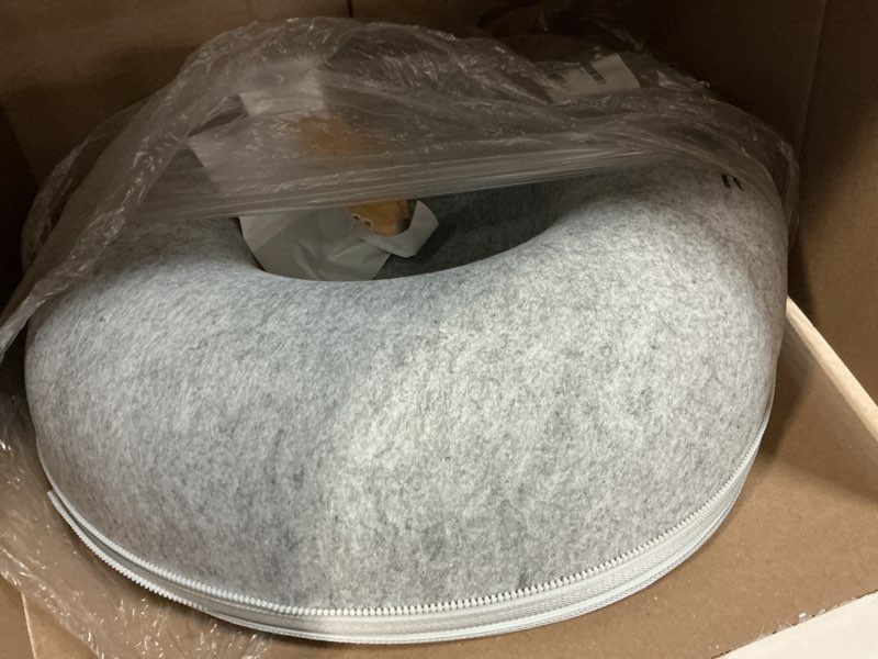 Condition photo showing As Is for felt cat tunnel for large indoor cats, 24" x 24" x 12" peekaboo cave bed | light grey 24" x 24" x 12" sturdy 1300g felt cave with 7" entrance, rear peek hole, large zipper and hanging ball.