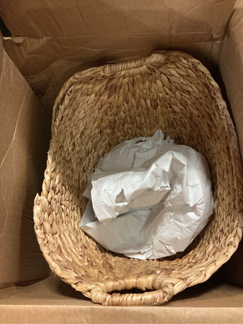 Condition photo showing As Is for deco 79 seagrass handmade decorative and functional storage basket large woven basket organizer with ring handles, basket for storage 20" x 18" x 19", brown 20" x 18" x 19" brown