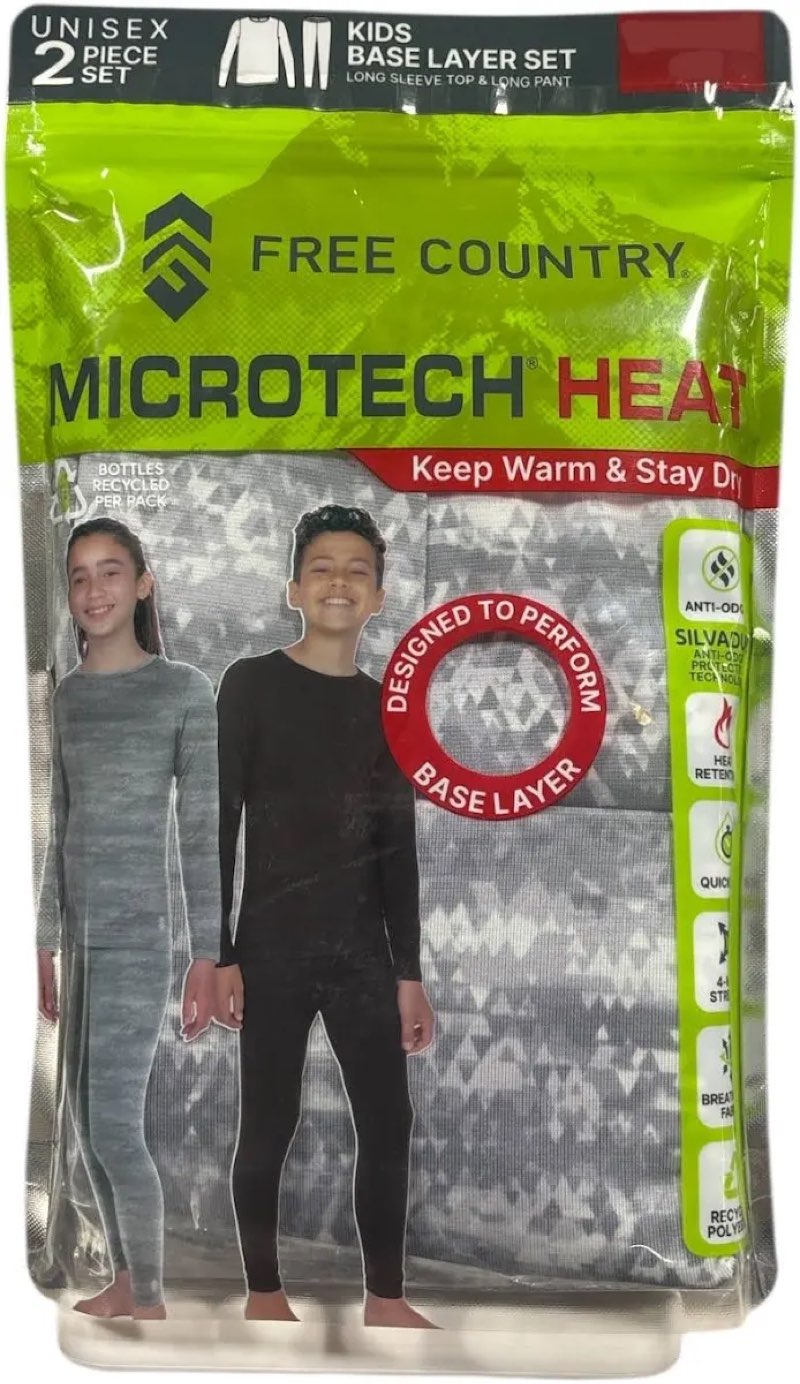 Large Free Country Kids Youth Unisex 2 Piece Base Layer Long Sleeve and Pant Set grey