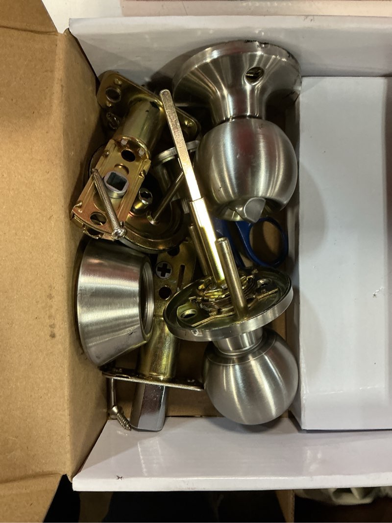 Condition photo showing As Is for hyper tough keyed entry ball doorknob lock and single cylinder deadbolt stainless steel finish combo pack