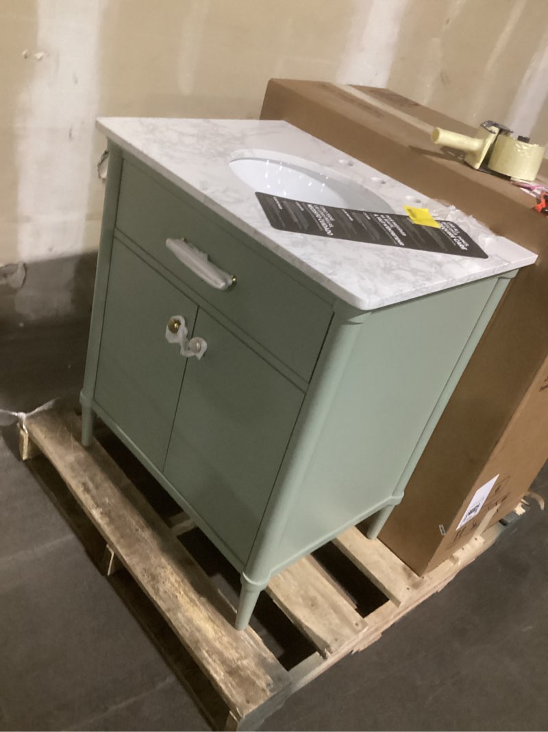 allen + roth rian 30-in sea green bathroom vanity with a white engineered stone top. 