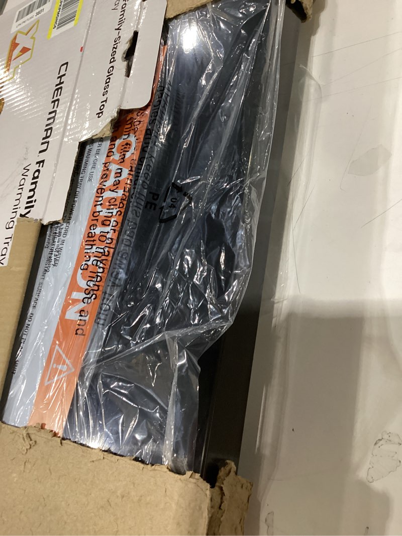 Condition photo showing New/Like New for Chefman Electric Warming Tray with Adjustable Temperature Control, Perfect For Buffets, Restaurants, Parties, Events, and Home Dinners, Large 21” x 16” Glass-Top Surface Keeps Food Hot – Black Stainless Black Large - 21" x 16"