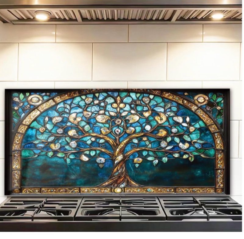 tree of life‘’tempered glass backsplash for kitchen, frameless, stove backsplash protector for wall,