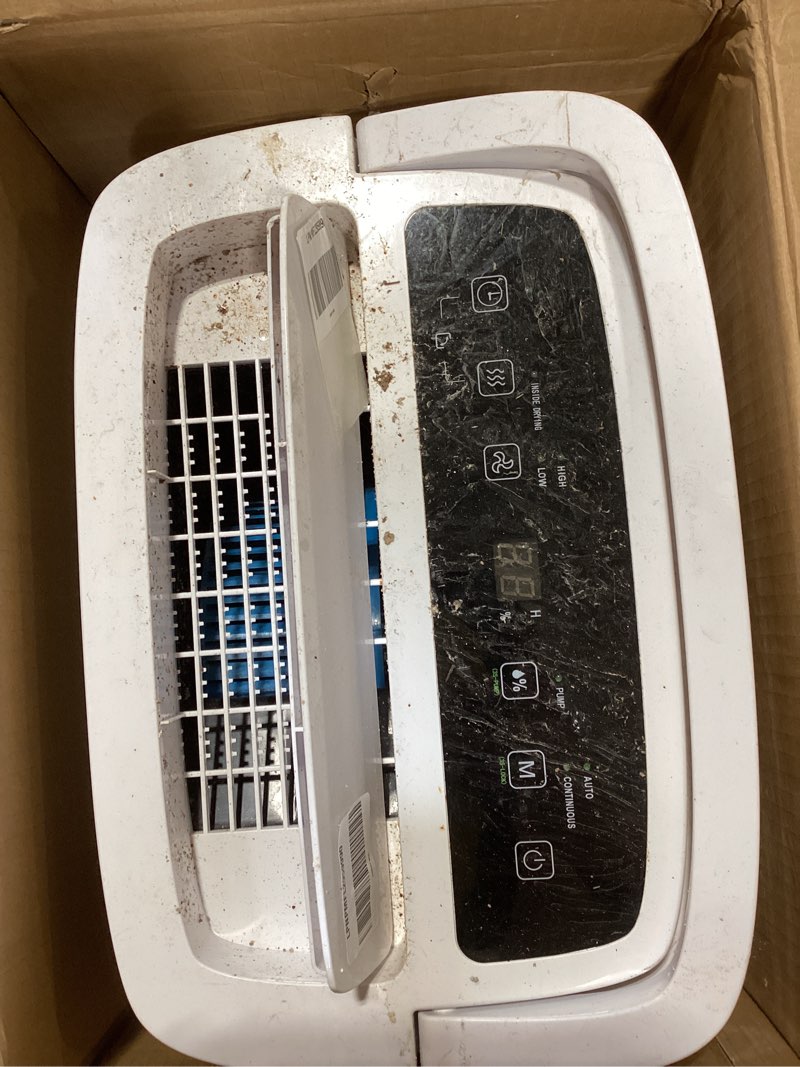 Condition photo showing As Is for waykar 150 pints 2025 energy star dehumidifier with pump for spaces up to 7,000 sq. ft. at commercial and industrial large room, warehouse, home, basement, with drain hose, auto defrost, self-drying white