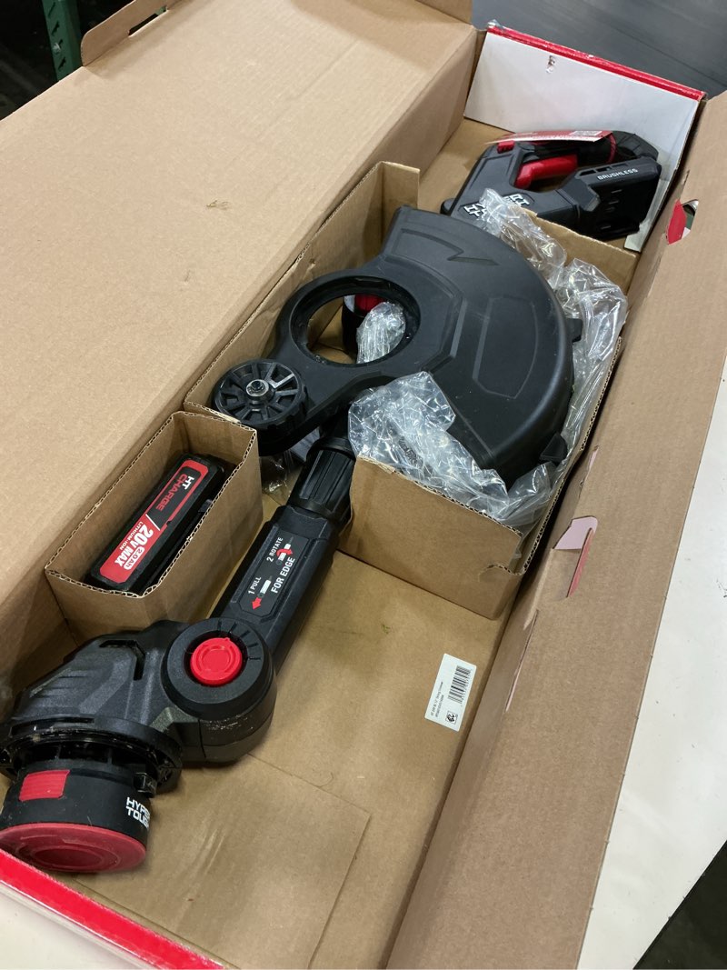 Condition photo showing As Is for hyper tough 12" 20v brushless cordless string trimmer with 20v max 2.0ah battery and charging cable