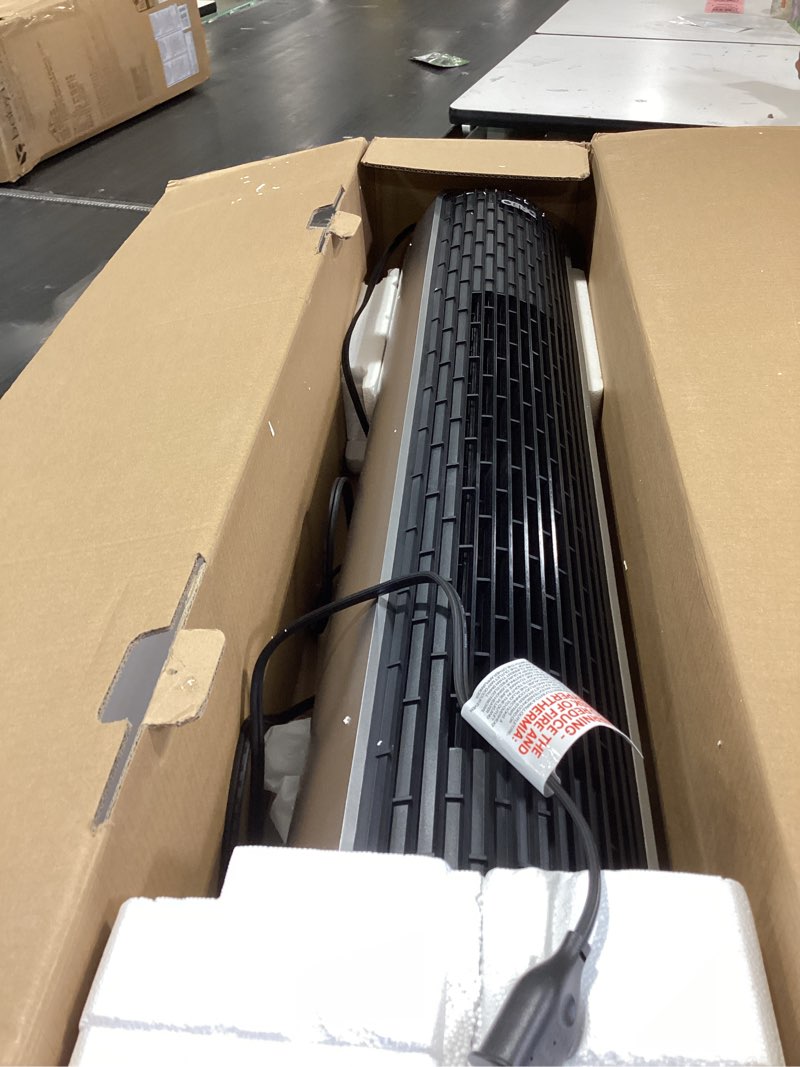 Condition photo showing As Is for dreo tower fan and heater combo, 29.2ft/s standing fans for bedroom, 17 levels, 6 modes, 120° oscillation, 42 inch, 12h timer, 25db quiet, with remote, for office, large room, silver standard
