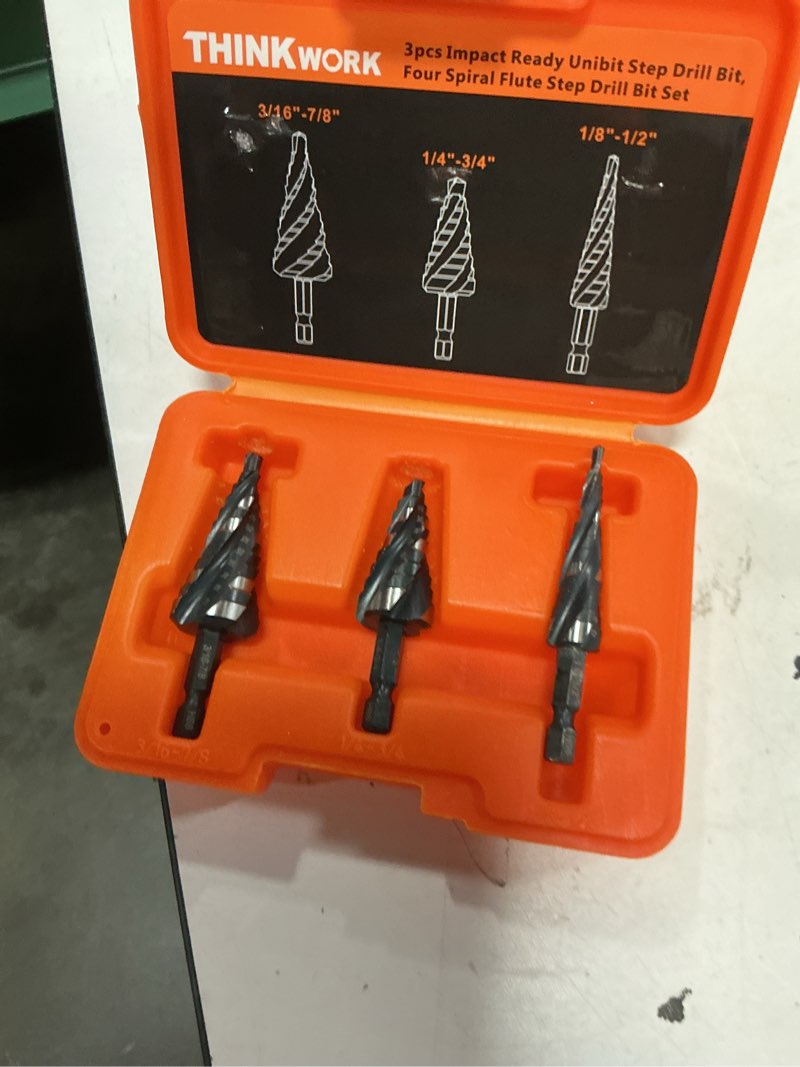 Condition photo showing Good Condition for thinkwork four spiral flute step drill bit set, 3 pcs hss step drill bits (1/8"-7/8") unibit step drill bit with tool box, 1/4" shank step bits for aluminum, wood, plastic, metal 3 piece