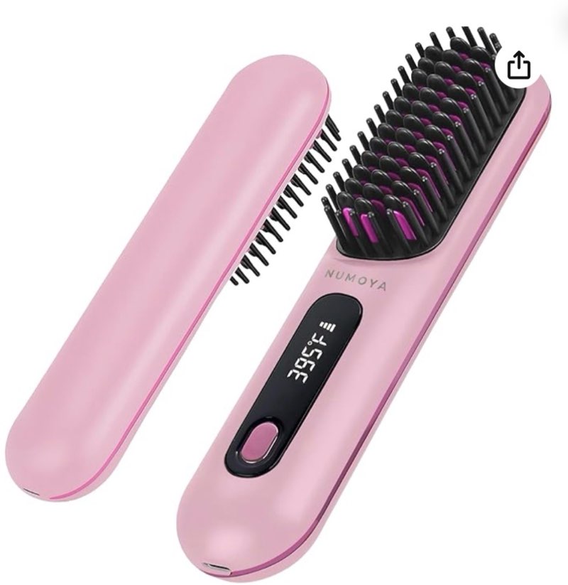 numoya go brush pro portable cordless hair straightener brushs for travel, with 30s fast heat, 3 temperature settings (pink)