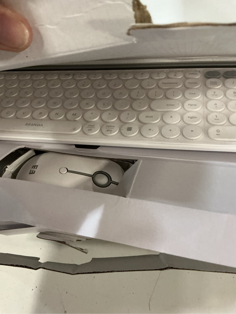 Condition photo showing As Is for seenda bluetooth keyboard and mouse for ipad, ctu-301 wireless multi-device connection bluetooth+2.4g keyboard mouse combo with tablet holder for ipad/macbook/windows, ios/andriod/phone, white pearl white