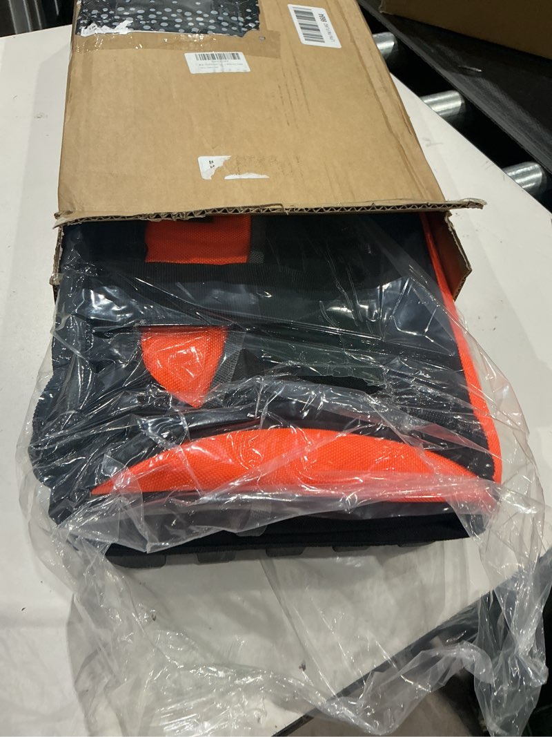 Condition photo showing Good Condition for large tool bag, mouth tool bag with water proof molded base, 18 pockets, 17.7x 12.6x 11 inch, heavy duty 600d fabric, black and orange black and orange 18inch