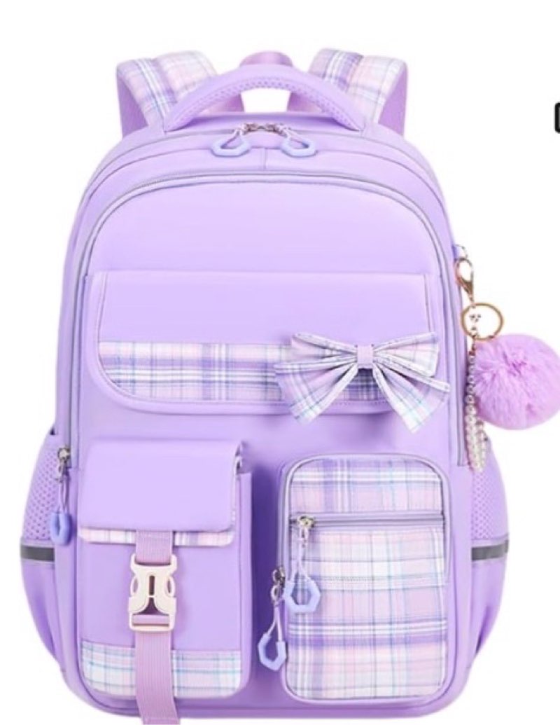 Kids Backpack for Girls, Cute Plaid Large Capacity Bookbag for Students Teens Preppy Aesthetic Kawaii Bow Elementary Primary Middle School Book Bag 6-8 8-10 10-12 (Purple)