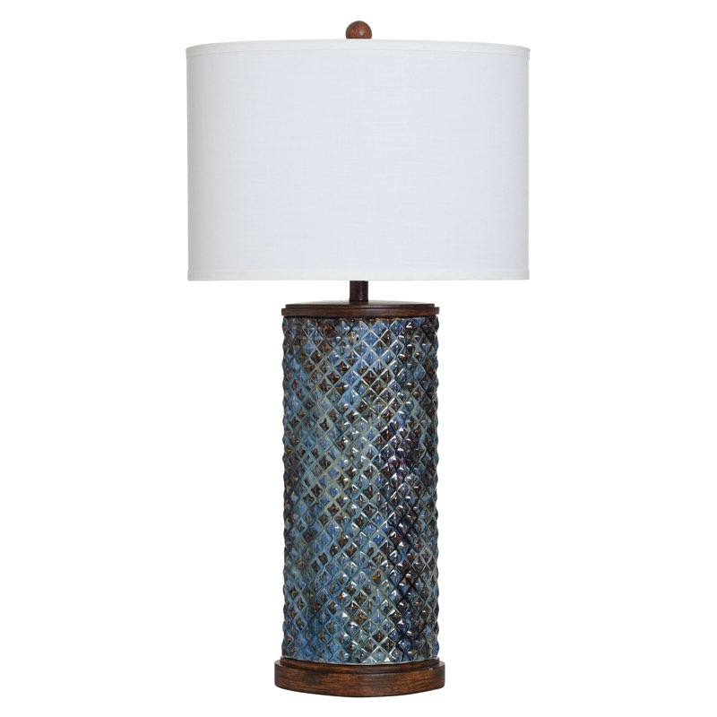 Ceramic Table Lamp - Blue Opal - White Shade damaged 