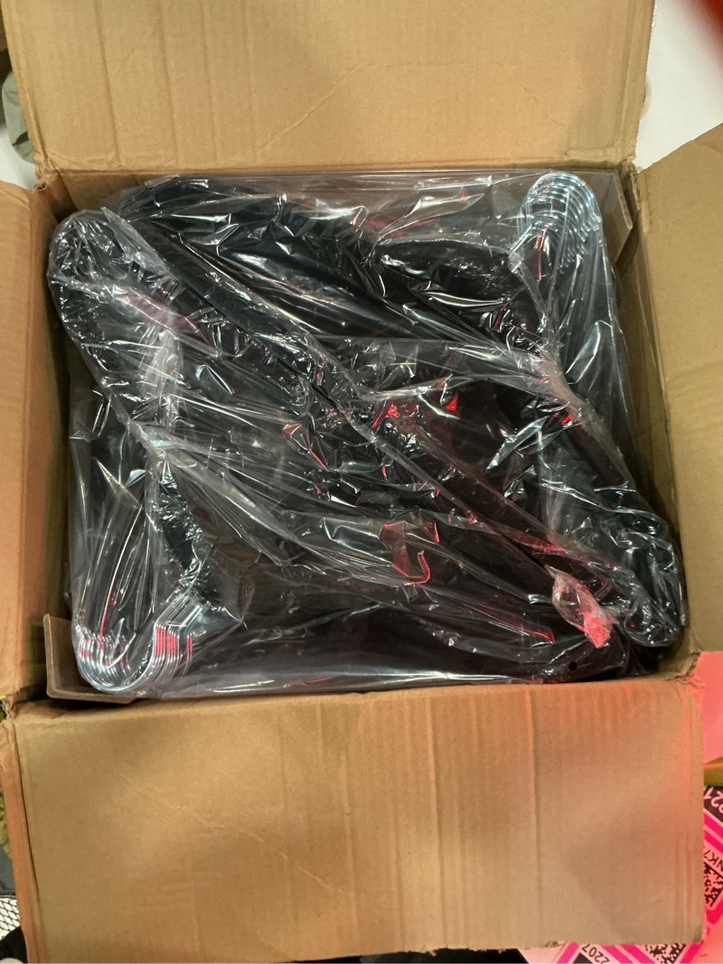 Condition photo showing New/Like New for house day black velvet hangers 60 pack, non slip clothes felt hanger heavy duty for coat, premium slim space saving suit hangers for closet organizer, 360° rotating silver hook 60 pack black