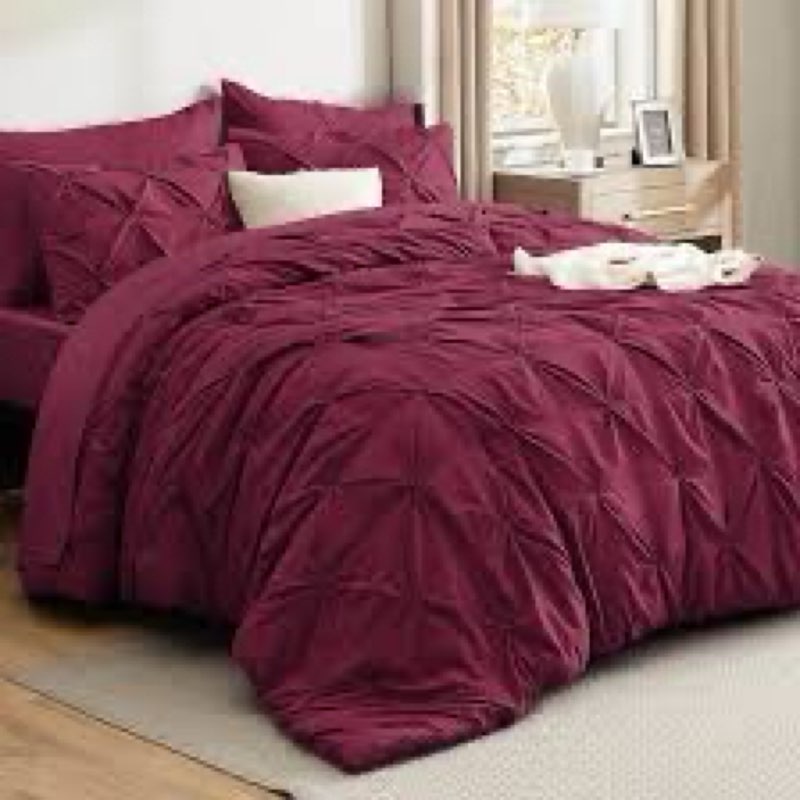 Bedsure Queen Comforter Set Burgundy - Bed in a Bag Queen Size Bedding 7 Pieces, GentleSoft™ Pintuck