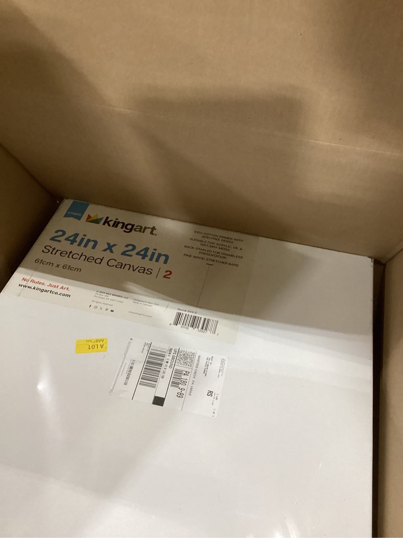 Condition photo showing Good Condition for kingart stretched white canvas set – square, 24x24 inch, 2-pack – 100% cotton, triple gesso primed – 5/8" profile back-stapled artist boards for acrylic, oil, pouring, & mixed media painting 24" x 24" 2