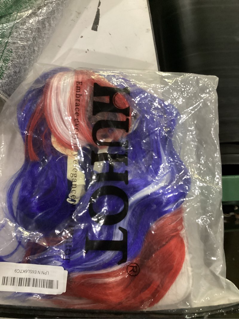 Condition photo showing Good Condition for beron red white and blue wig for fourth of july costume cosplay wigs women's short curly wig with bangs for girls hair wig