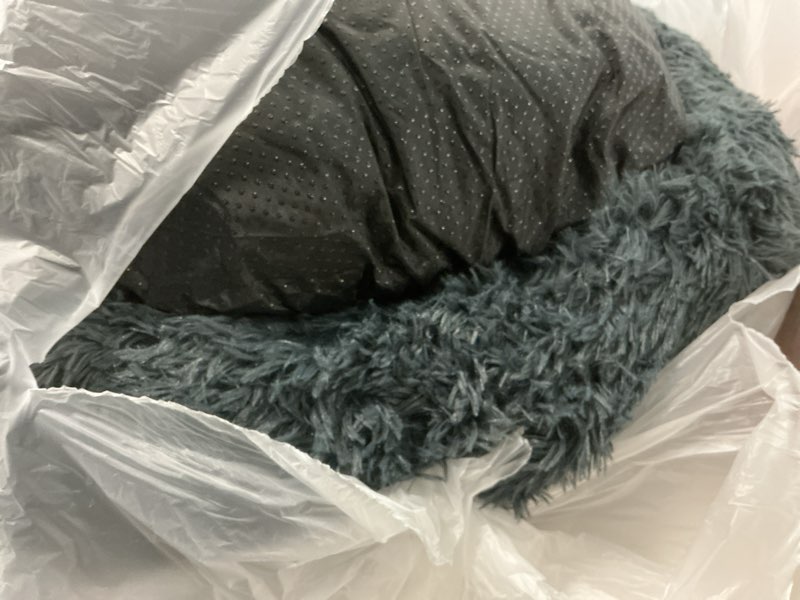 Condition photo showing As Is for PetJett Calming Dog Bed Medium Size Dog - 30'' Donut Bed, Anti-Slip & Washable Super Soft Fluffy Plush Round Bed, Anti-Anxiety Premium Comfort Pet Bed, Fits Dogs up to 45 lbs - Dark Grey Dark Gray Medium - 30”L x 30”W x 8”Th