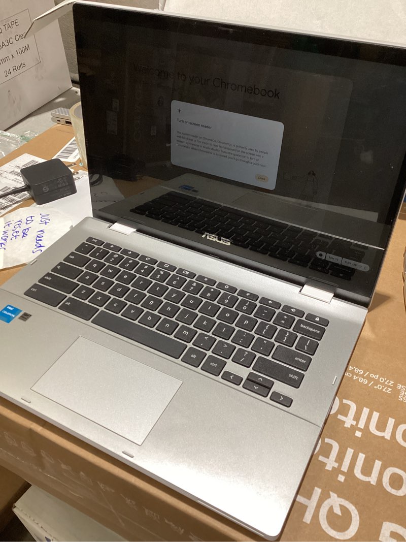 Condition photo showing As Is for ASUS Chromebook Flip CX1 Convertible Laptop, 14" FHD NanoEdge 360-degree Touchscreen, Intel Celeron N4500 Processor, 128GB eMMC Storage, 8GB RAM, ChromeOS, Transparent Silver, CX1400FKA-AS88FT Convertible | Touch
