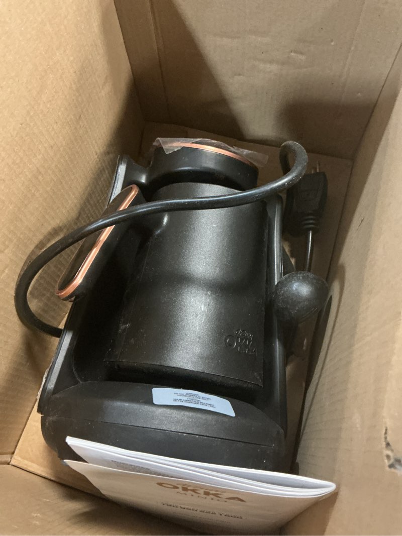 Condition photo showing As Is for arzum okka minio automatic turkish/greek coffee machine, usa 120v ul, 4 cups, black/gold compact black/gold