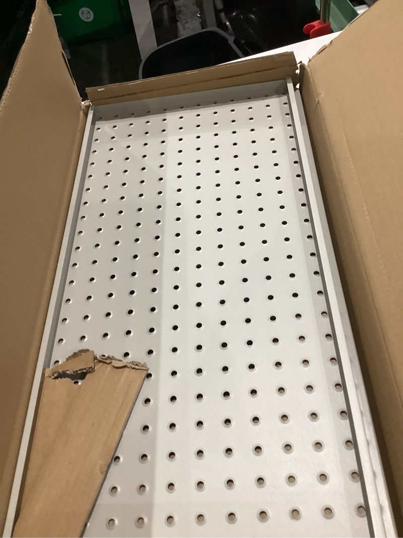 Condition photo showing Good Condition for pegboard smith metal pegboard panels 12" x 24", 3 pack grey wall mounted tool organizer boards, heavy duty tool storage peg board for garage, workbench, office, fits 1/4" peg hooks 12x24 in 3 pack grey panels