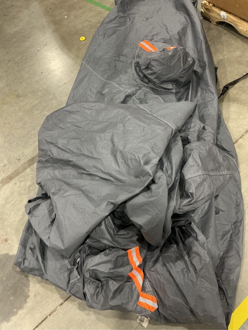 Condition photo showing As Is for (dimensions unknown) full car cover is all-weather waterproof, universal in all seasons, snow prevention, rainproof, acid rainproof, sunscreen, ultraviolet-proof, orange reflective strip orange reflective strip