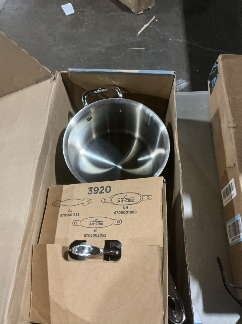 Condition photo showing As Is for all-clad d3 3-ply stainless steel sauce pan with lid 4 quart, induction, oven broiler safe 600f, multipurpose, compatible w/ all cooktops, for restaurant or home kitchen, pots & pans, cookware, silver 4 quarts
