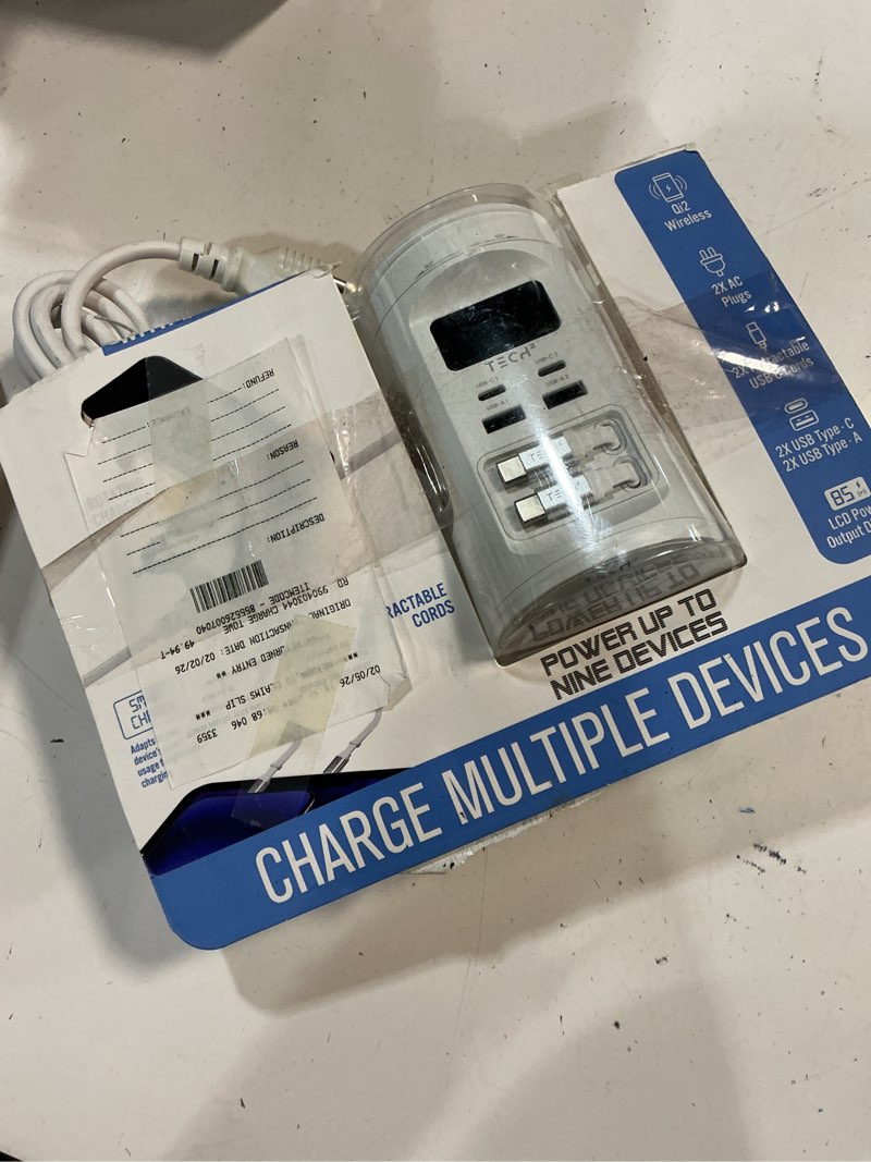 Condition photo showing As Is for tech squared power tower with qi2 wireless charging and retractable cords