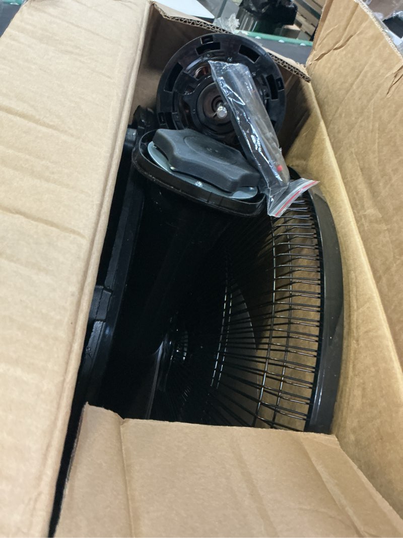 Condition photo showing As Is for amazon basics 16" pedestal fan with remote, floor fan, standing fan for bedroom, living room, office, with 3 speeds, 3 modes, timer, dual-layered blades, adjustable height, tilt head, 60w, black 3-speed, ac motor
