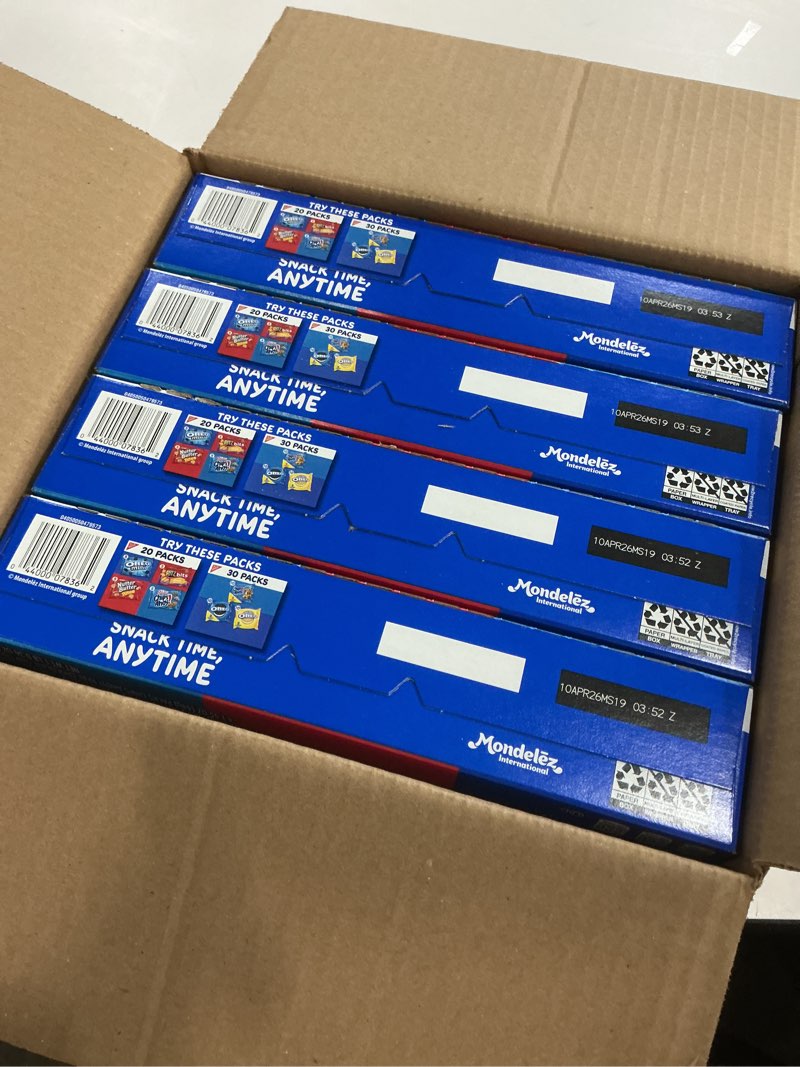 Condition photo showing New/Like New for (Best by 04/10/2026) Nabisco Cookie Variety Pack, OREO, Nutter Butter, CHIPS AHOY!, 10 Snack Packs (4 Cookies Per Pack)