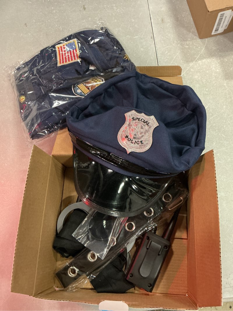 Condition photo showing New/Like New for police officer costume for kids, cop costume outfit set with toy accessories, halloween costumes for boys silver cap s(4-5y)