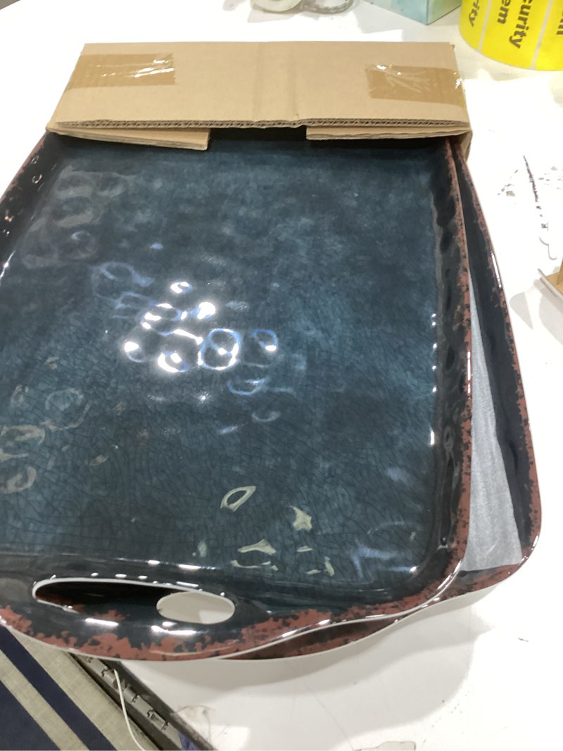 Condition photo showing Good Condition for tp large serving trays with handles, 19" x 12" melamine serving platters for food, turkey, set of 2 rectangular trays for party, retro black 19" x 12" retro black