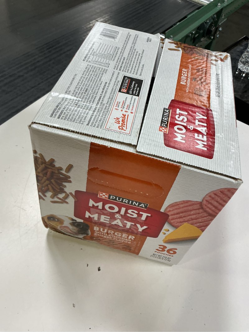 Condition photo showing New/Like New for purina moist & meaty dog food, burger with cheddar cheese flavor, 36 pouches, 6 oz each