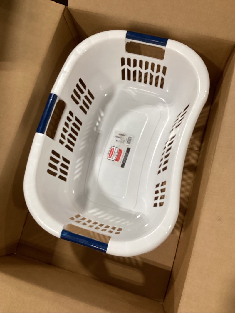 Condition photo showing Good Condition for rubbermaid large hip-hugger laundry basket/hamper, 1.5-bushel, white, stackable storage bin/organizer for bathroom/bedroom/dorm/home 1.5 bushel large hip hug basket