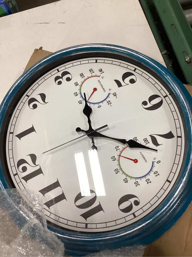Condition photo showing Good Condition for jenlystime 16 inch blue vintage waterproof indoor/outdoor wall clock with thermometer & hygrometer, large numerals & silent sweep movement - ideal for porch, garden, pool, bathroom 16 blue