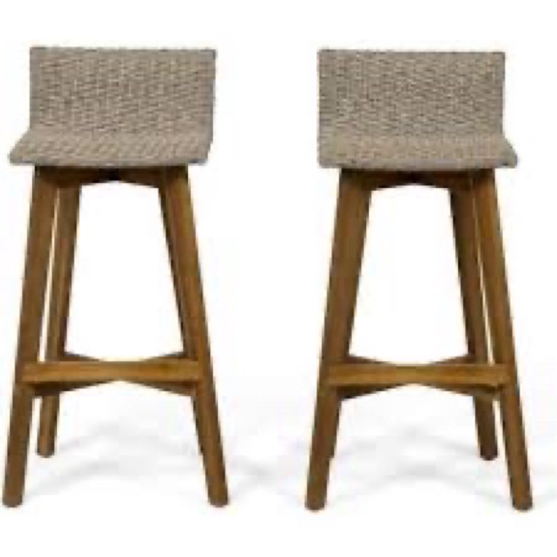Equinox Outdoor Barstool with Rattan Wicker Top and X-Stretcher Frame In Brown - Set of 2