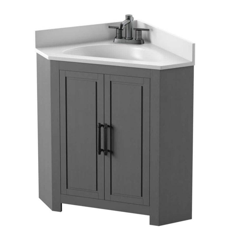 25 in. W x 25 in. D Corner Bathroom Vanity in Antique Gray with White Top and White Basin