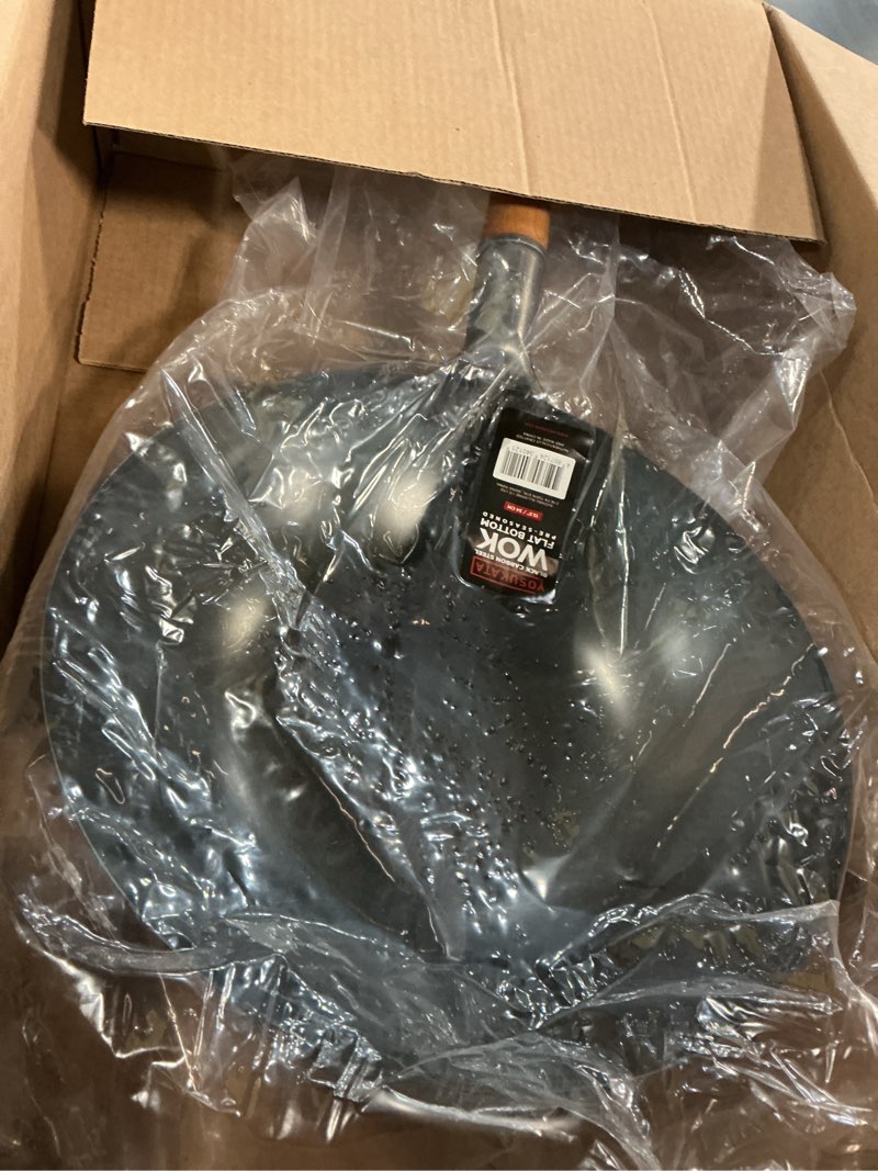 Condition photo showing New/Like New for yosukata 13.5” blue carbon steel wok pan – pre-seasoned flat bottom wok compatible with open fire, gas, electric, ceramic, induction cooktops -traditional chinese pan for stir fry, bbq, grill, camping