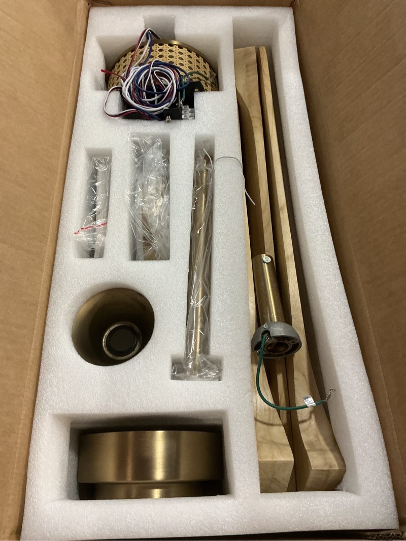 Condition photo showing As Is for 52" ceiling fan with light – remote control, solid wood, quiet reversible dc motor, light oak/gold finish, includes 4.5"/12" downrods, noiseless ceiling fan for bedroom, living room, porch gold/light oak 52"
