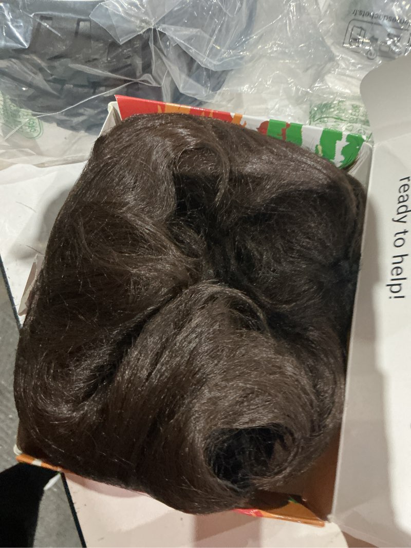 Condition photo showing As Is for short brown men wig with msutache and sunglasses for 70s 80s costume cosplay halloween party dark brown