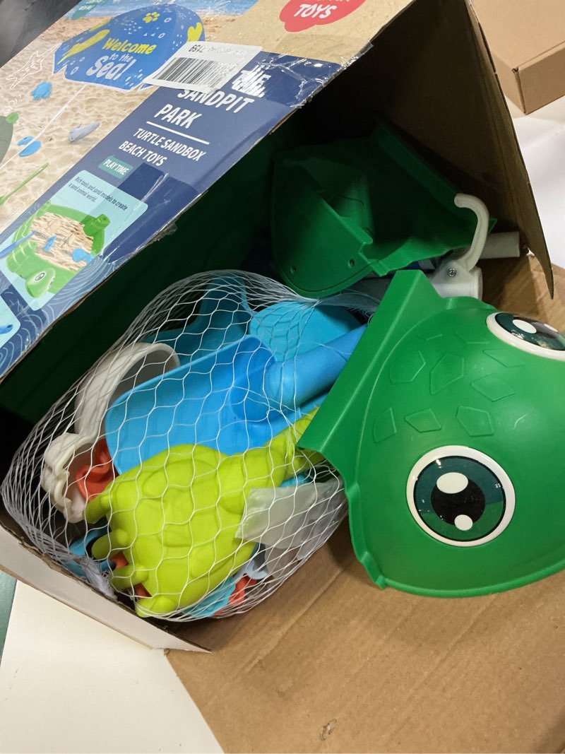Condition photo showing Good Condition for turtle sandbox with lid and adjustable umbrella, large square sand box with 6 molds & 4 shovels, outdoor beach toys for toddlers ages 3+