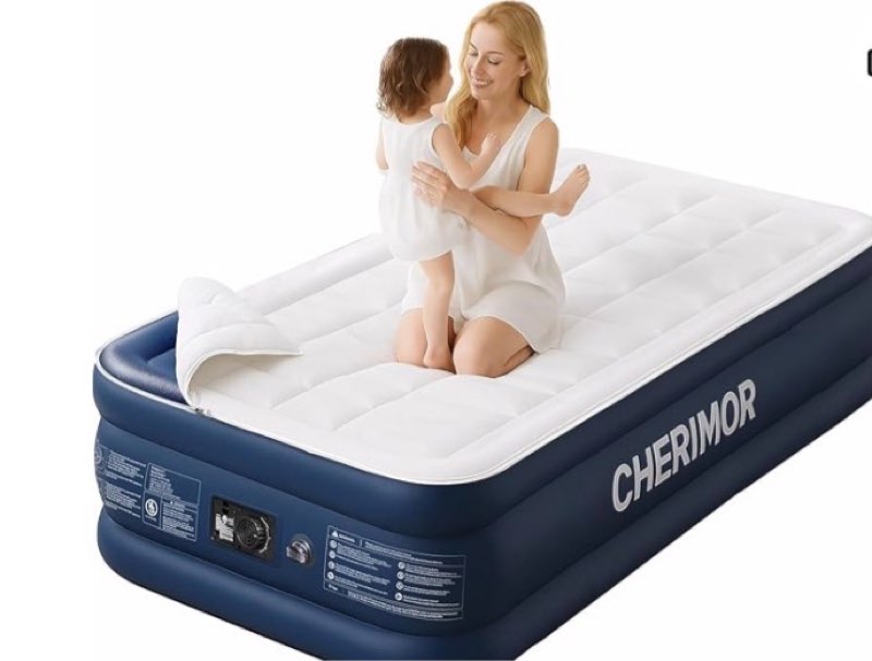 cherimor twin xl air mattress with built-in pump & luxury quilted topper, 80" length, 20" height, 2.5 min fast inflation, 500lbs support, blow up mattress with carry bag for guest, camping & home